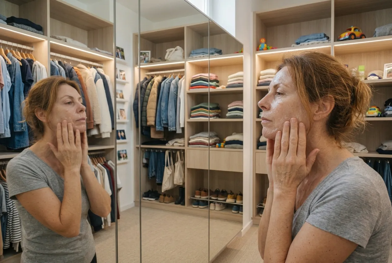 Donna che deterge delicatamente il viso con i polpastrelli